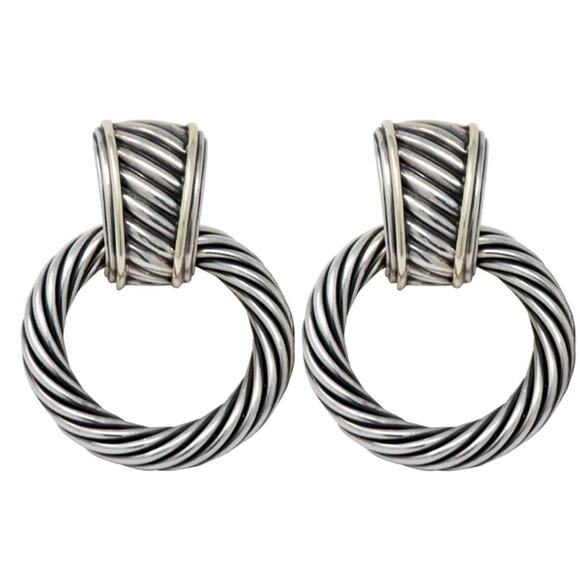 David Yurman Sterling Silver Cable Hoop Drop Earrings – 1.5in - Picture 1 of 7